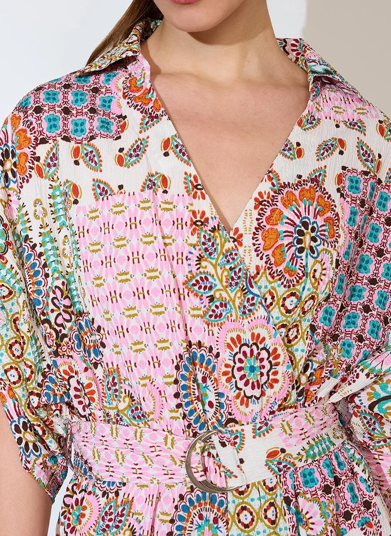 globus  Globus Women Shirt Collar Ruched Sleeves Ethnic Motifs Print Belted Fusion Jumpsuit for Women | Best Price UAE